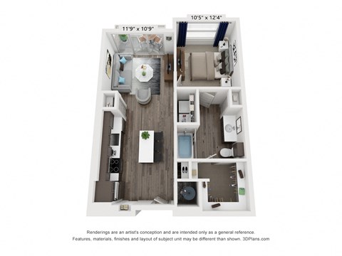 Floor plan for 1 bed, 1 bath, 726 sqft